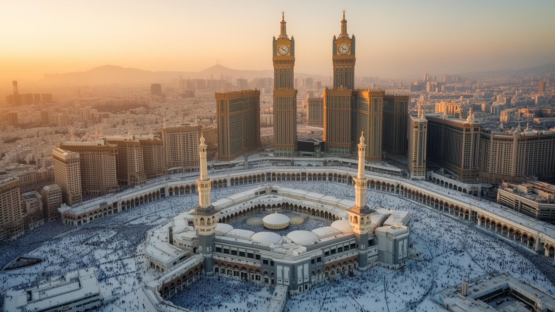 Aerial view of Makkah and Masjid al-Haram at golden hour